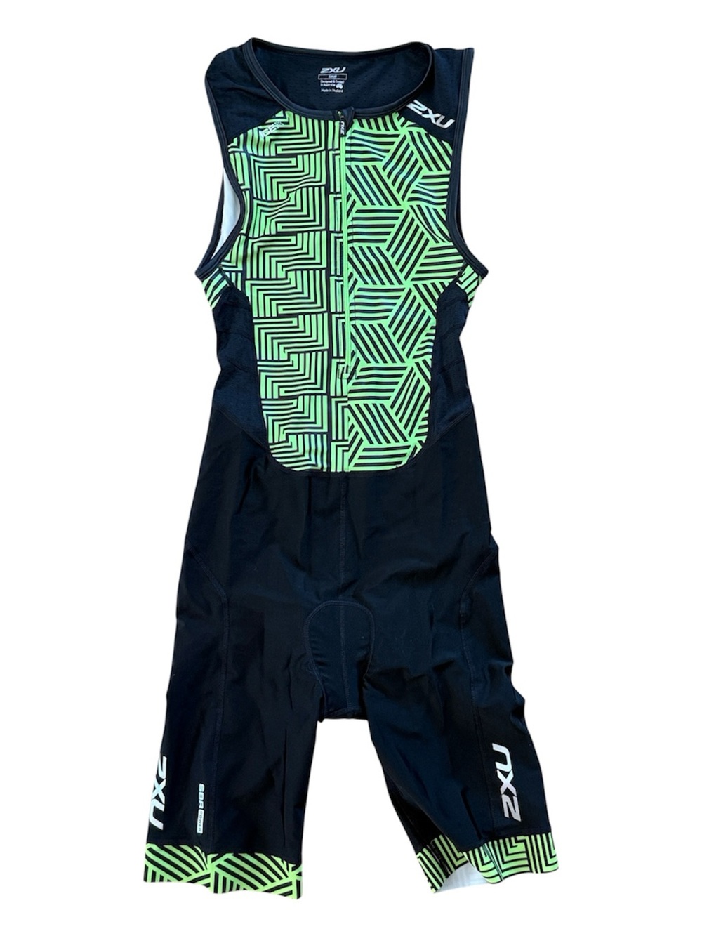 2XU PERFORMANCE MENS FULL ZIP SLEEVELESS BLACK NEON GREEN TRIATHLON RACE SUIT SM